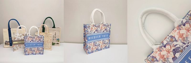 Floral and vintage-style printed tote bags with sturdy handles