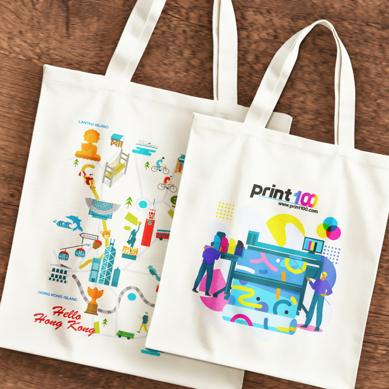 Two canvas tote bags with vibrant cityscape and printing graphics