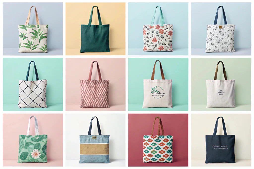 Twelve colorful canvas tote bags with various patterns and prints