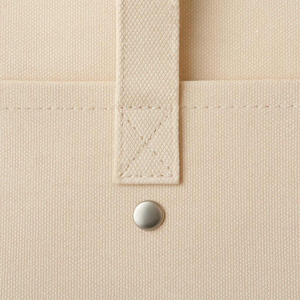 Close-up of beige non-woven bag handle stitching with metal rivet