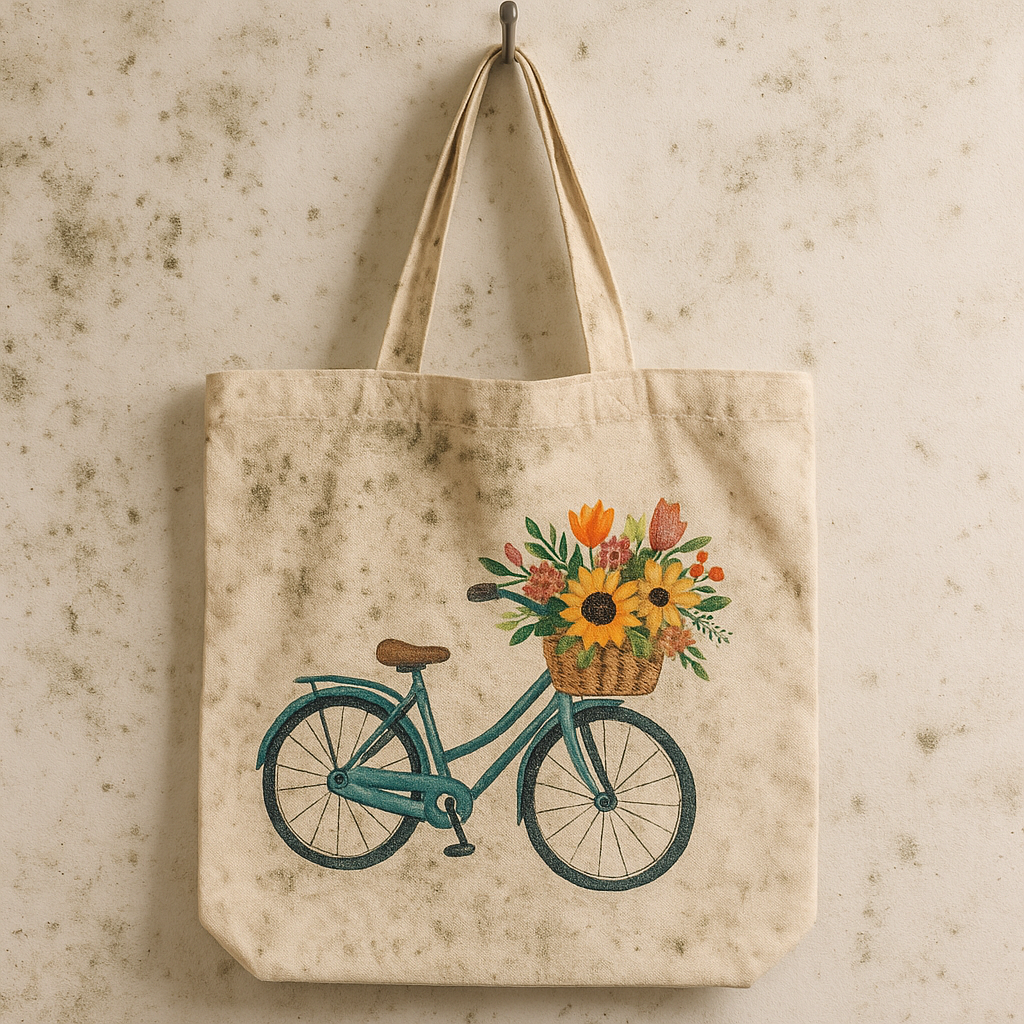 Moldy canvas tote bag with colorful bicycle print