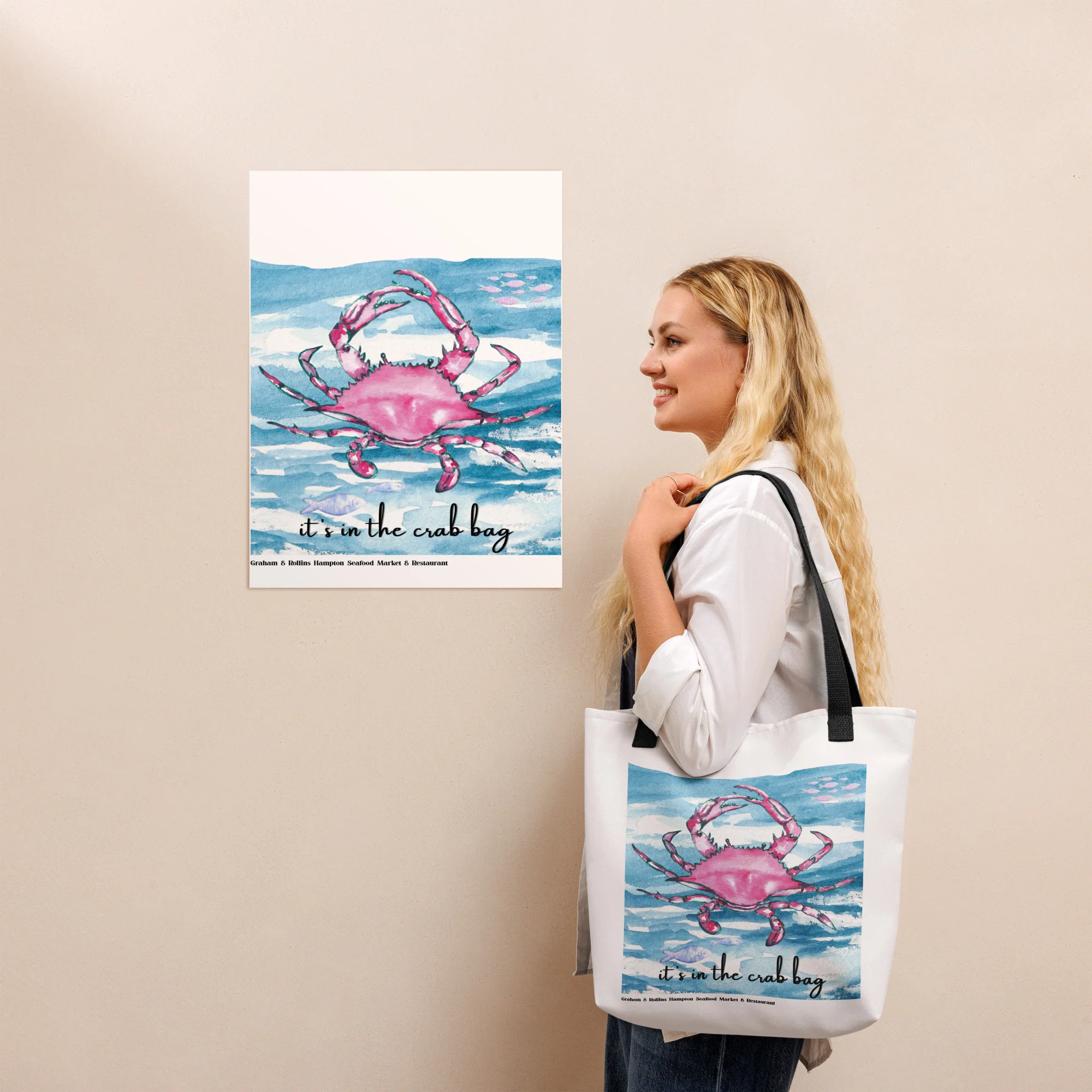 White tote bag with pink crab and ocean watercolor design