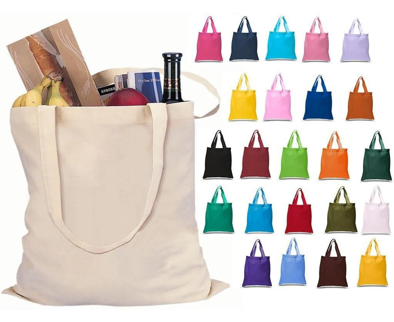 Reusable canvas tote bags in assorted vibrant colors for shopping or groceries