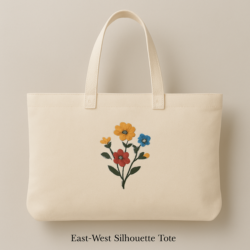 Beige East-West tote bag with colorful embroidered floral design