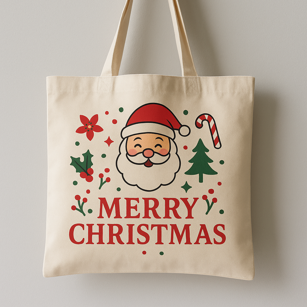 Beige canvas tote bag with cute Santa and Merry Christmas design
