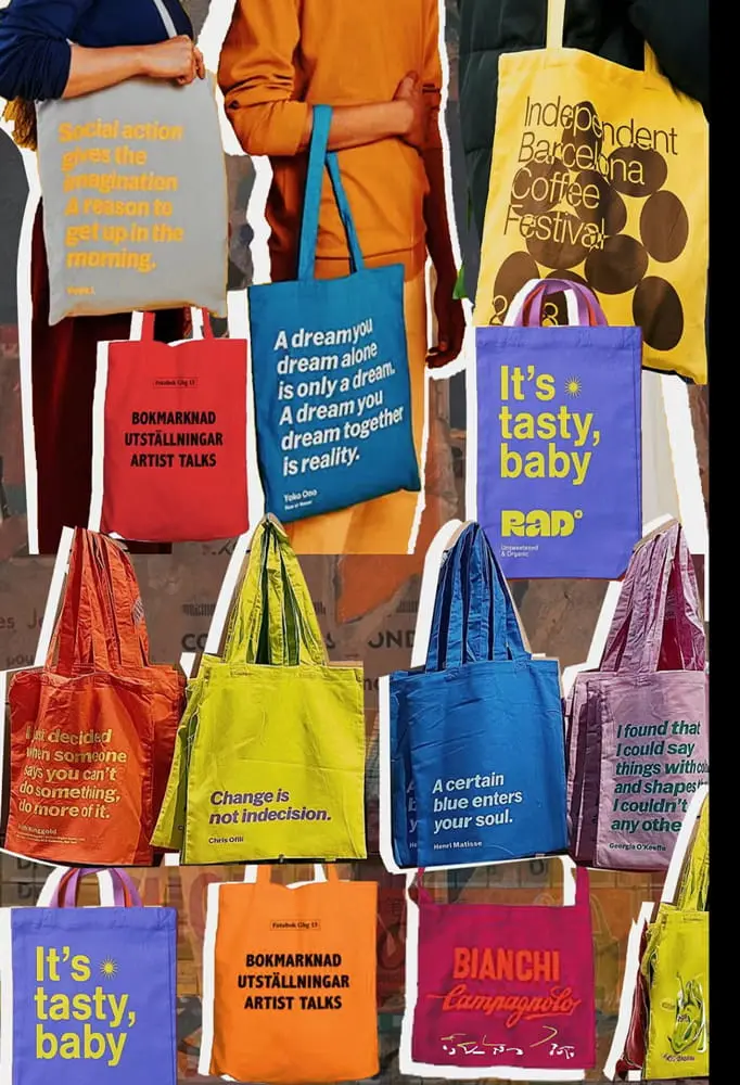 Colorful quote-printed tote bags in bold typography and vibrant hues