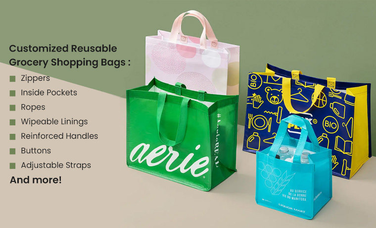 Various customized reusable grocery shopping bags with features like zippers and pockets