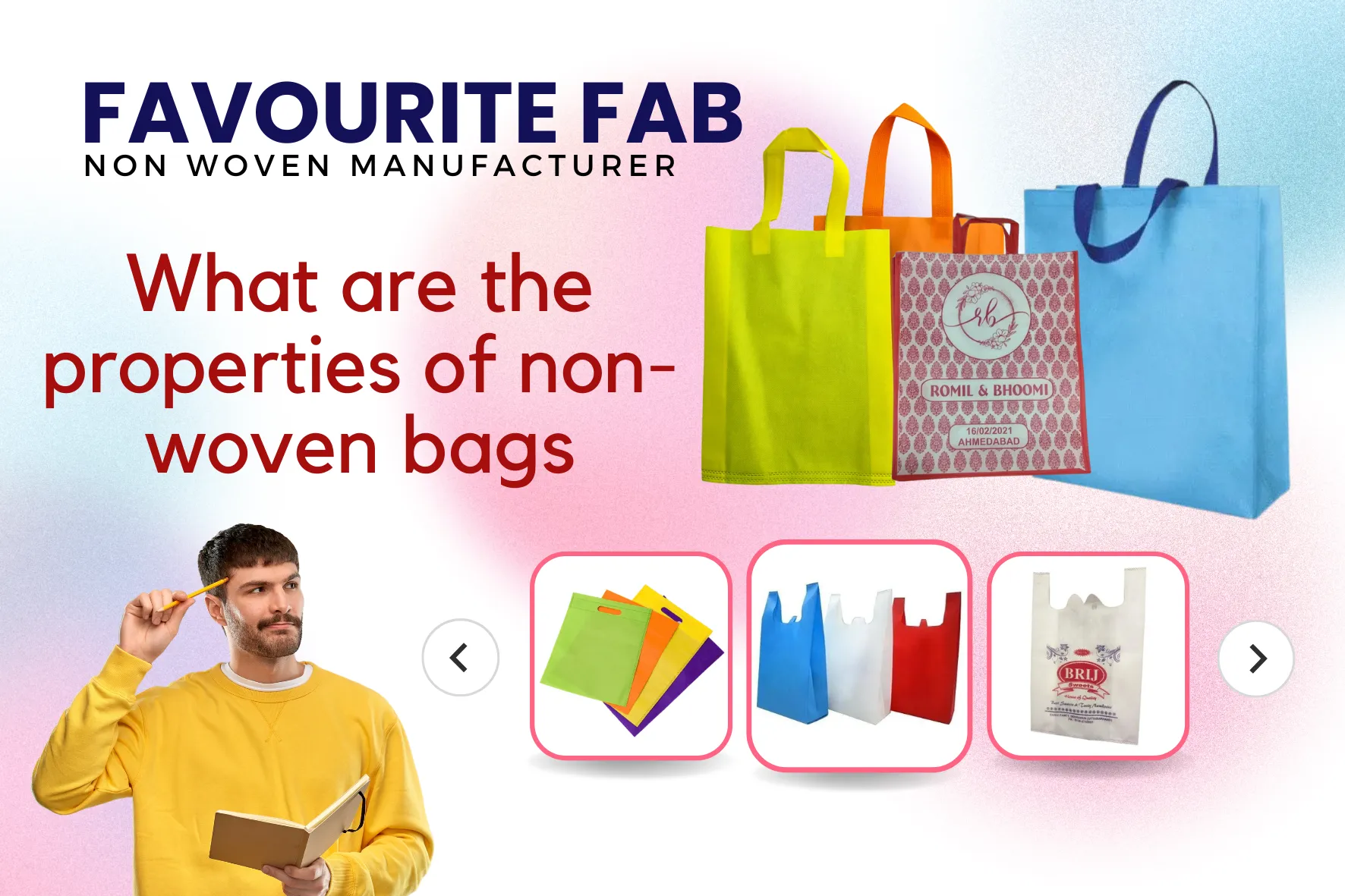 Various styles and properties of colorful non-woven bags highlighted