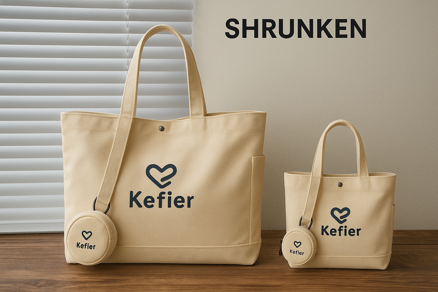 Canvas tote bag next to its shrunken version with identical design
