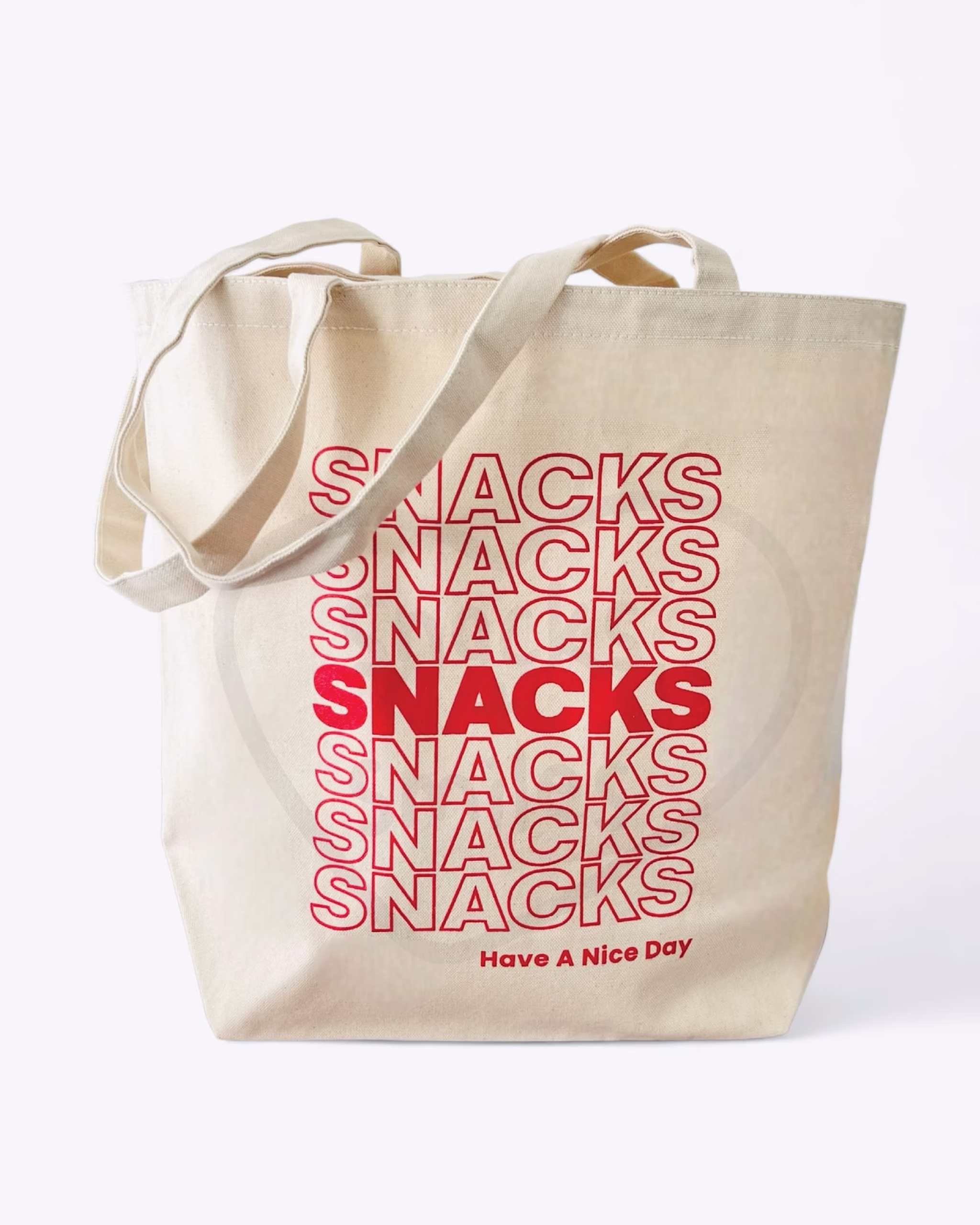 Beige tote bag with repeated red "SNACKS" text design