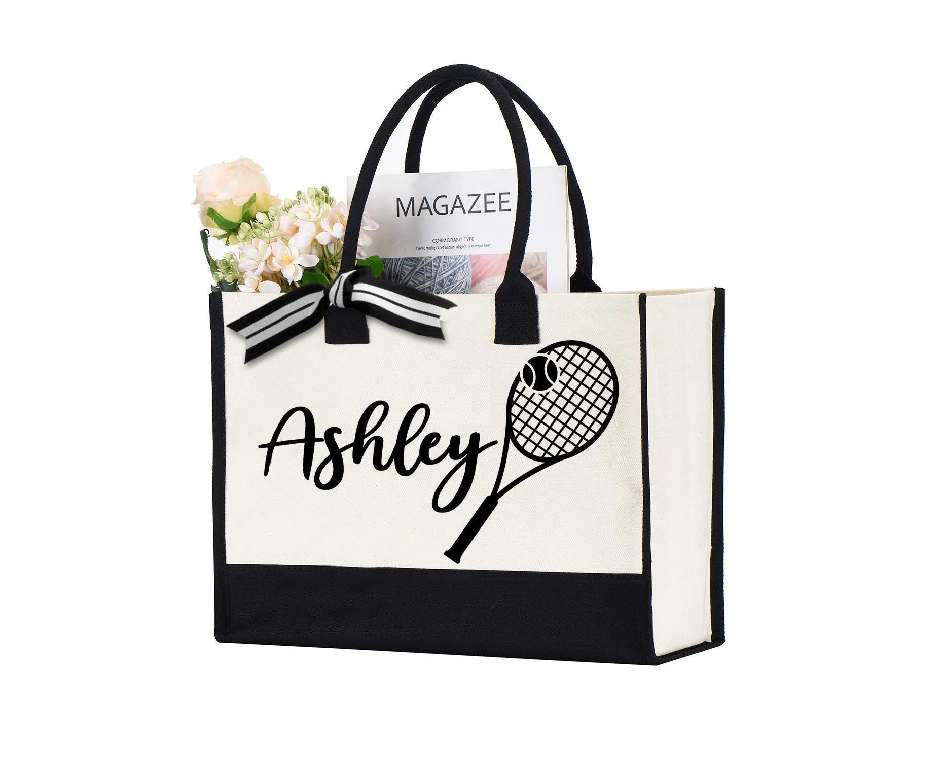 Personalized canvas tote bag with tennis print and ribbon decoration