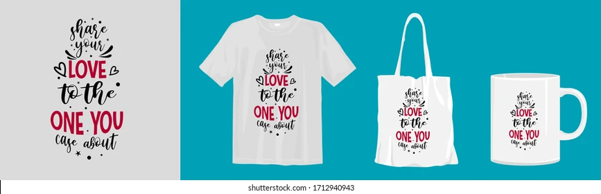 White merchandise set with romantic quote print on shirt, tote bag, and mug