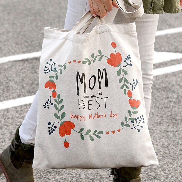 Mother's Day tote bag with floral wreath and heartfelt message