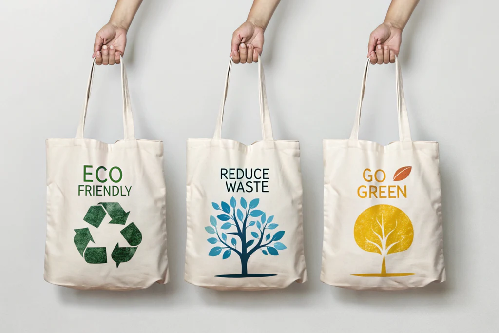 Three eco-friendly tote bags with recycle, tree, and green slogans