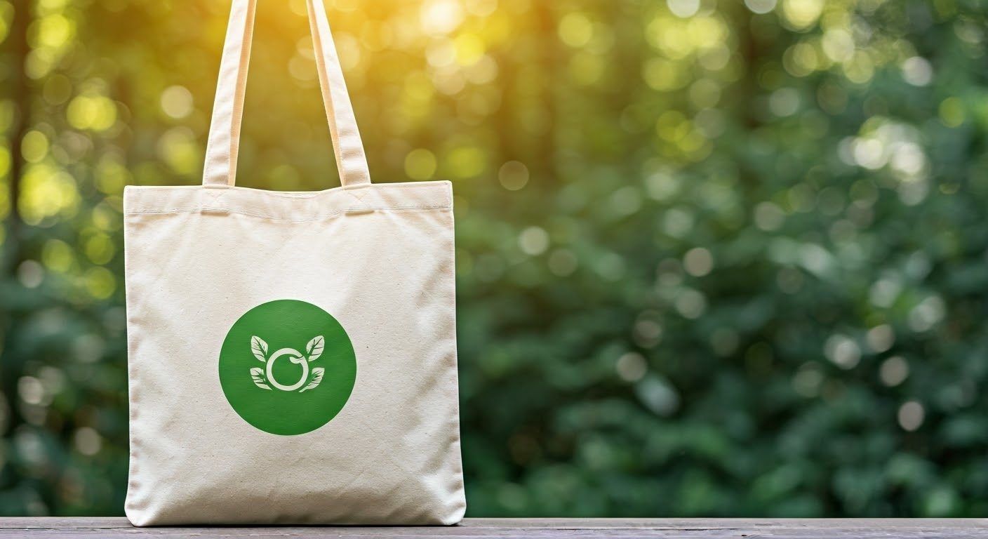 Eco-friendly tote bag with green leaf logo outdoors