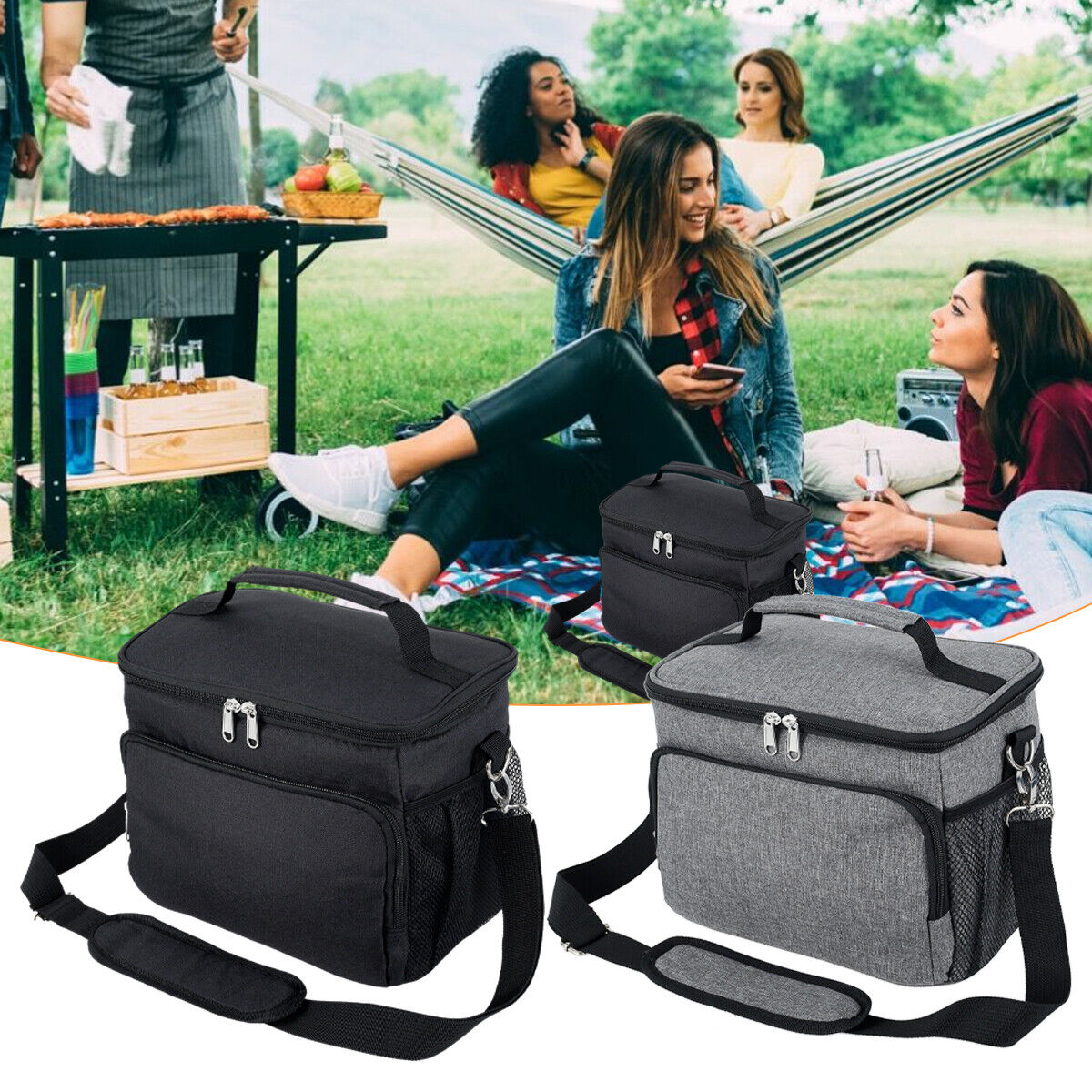 Insulated picnic bags beside a group of friends enjoying an outdoor BBQ