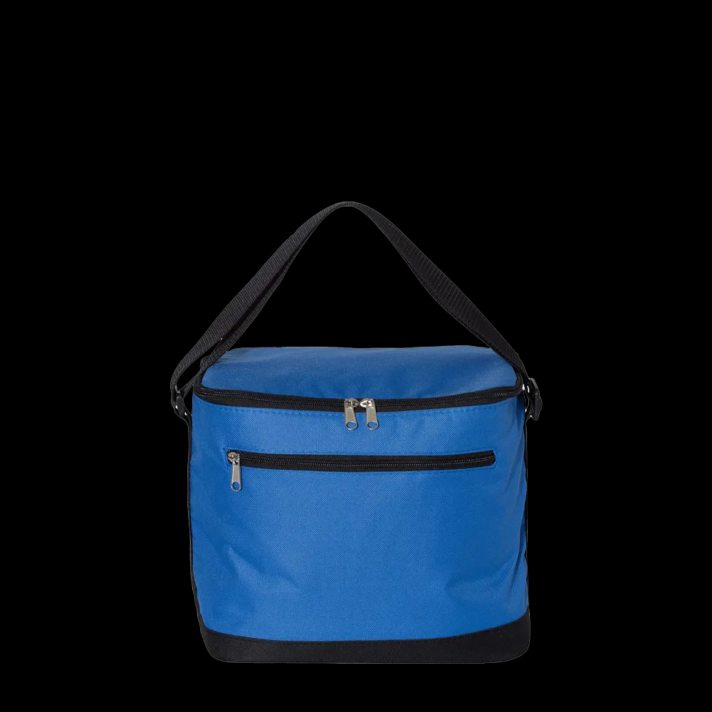 Blue insulated lunch cooler bag with black shoulder strap on black background