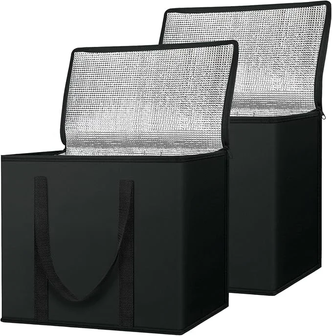Two large black insulated delivery bags with open silver linings