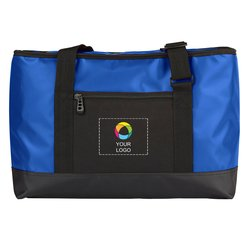Blue and black tote cooler bag with customizable logo area
