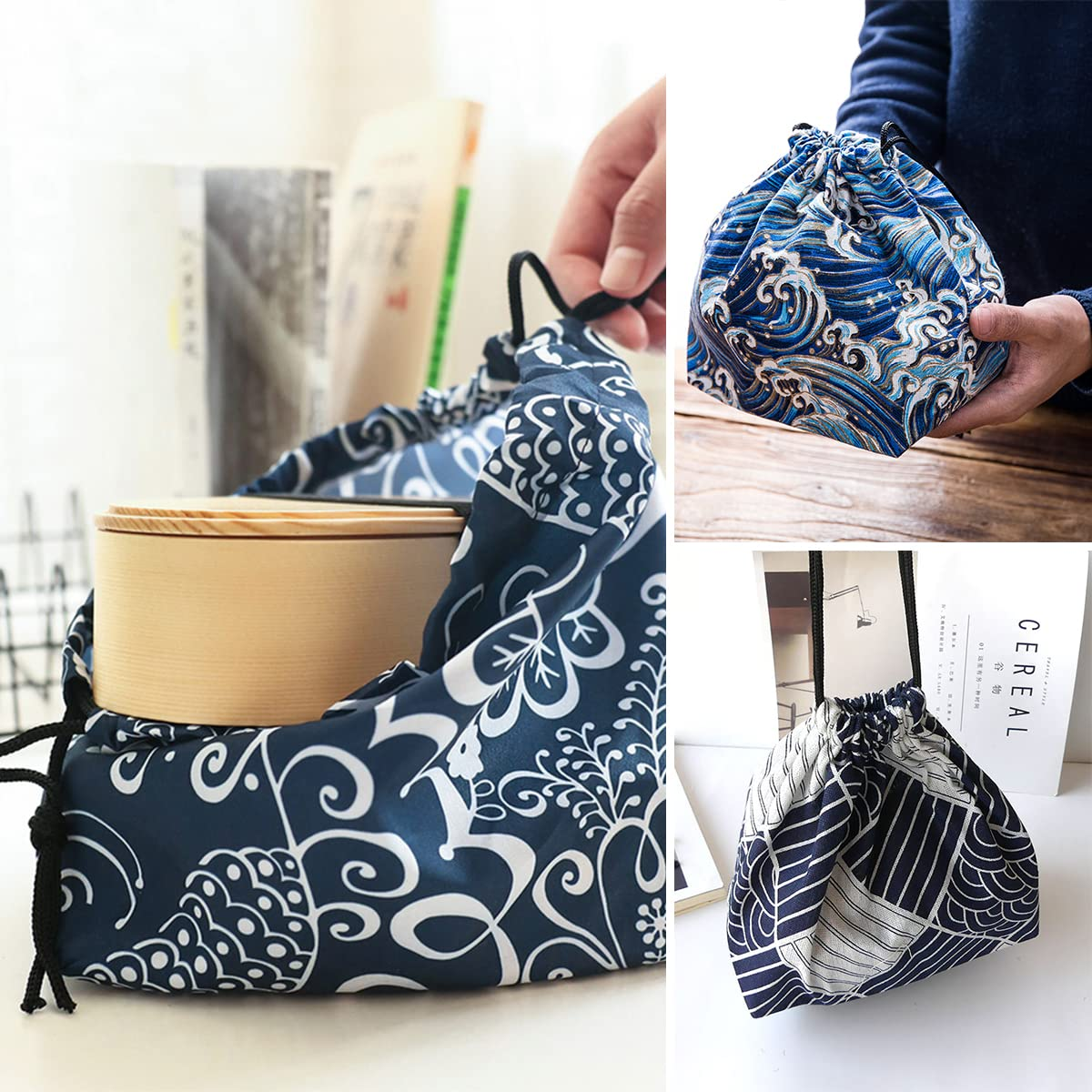Traditional Japanese-style drawstring lunch bags with decorative patterns