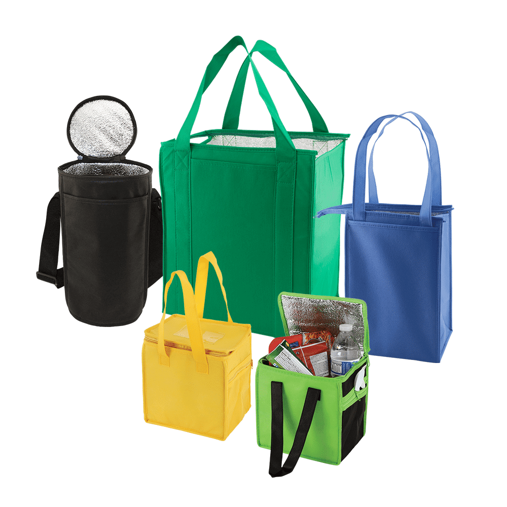 Assorted colorful insulated cooler bags in various shapes and sizes
