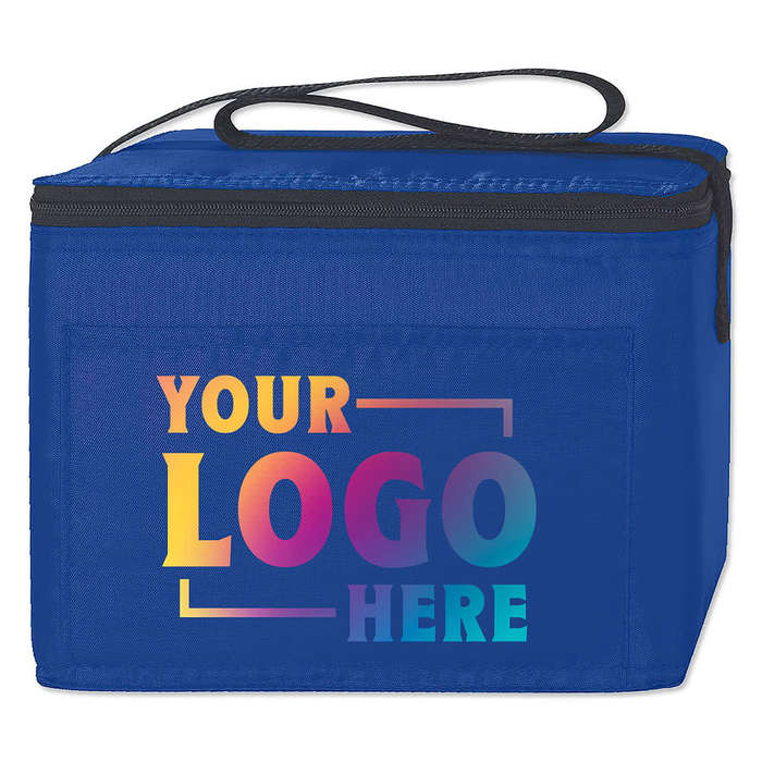 Blue insulated lunch cooler bag with customizable logo area on the front