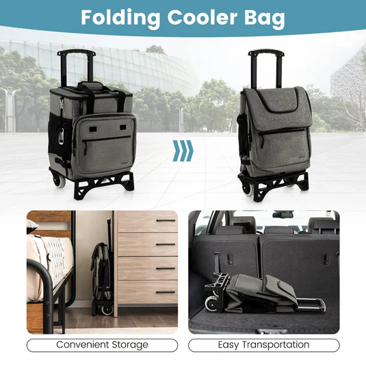 Foldable rolling cooler bag with telescopic handle for easy storage and transport