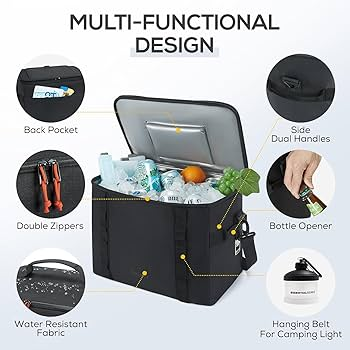 Black multi-functional insulated cooler bag with various utility features