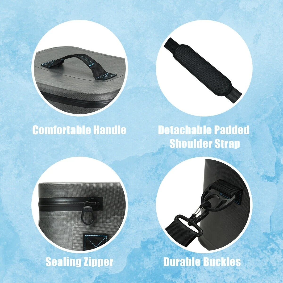 Insulated cooler bag features: handle, strap, zipper, and buckles