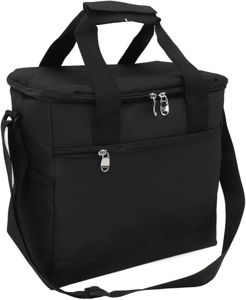Black insulated cooler bag with dual handles and front zipper pocket