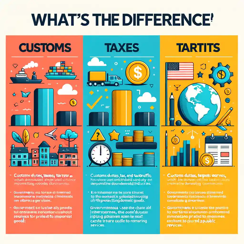 Infographic comparing customs, taxes, and tariffs in global trade