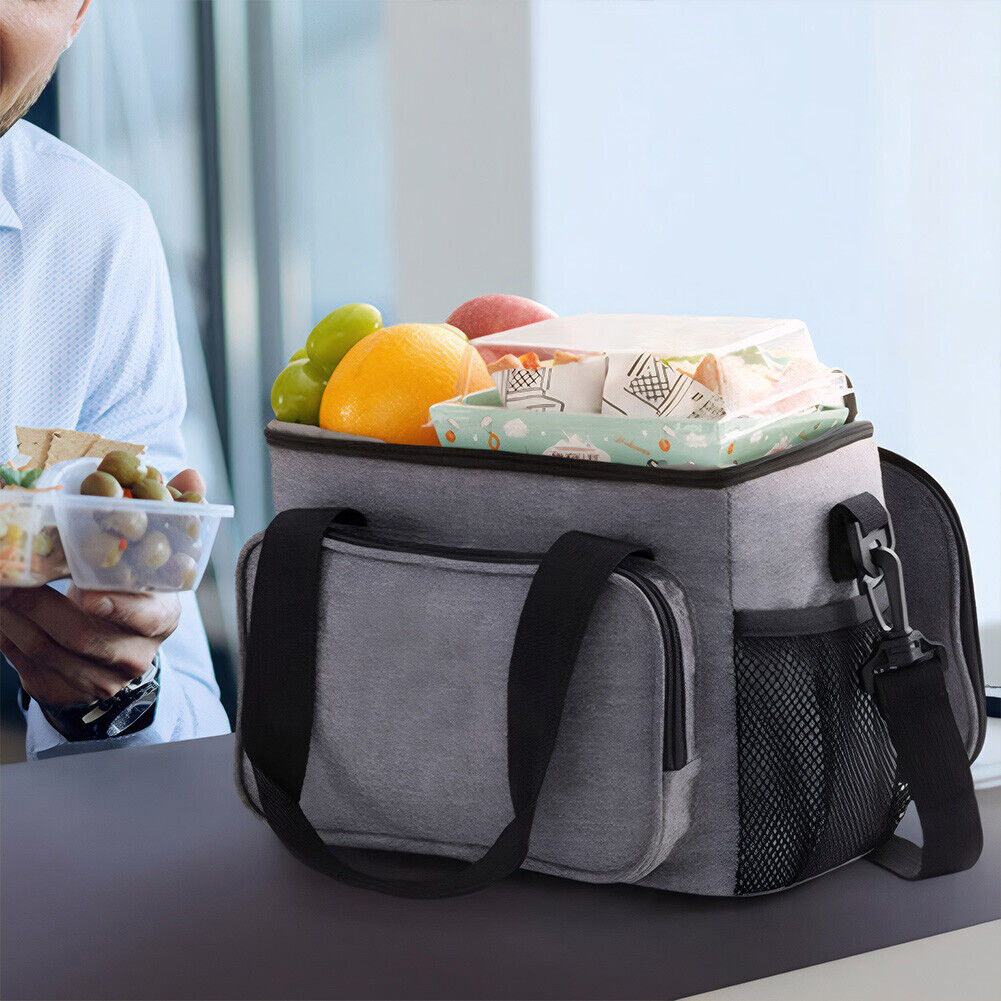Gray insulated lunch bag with fruits and meals inside