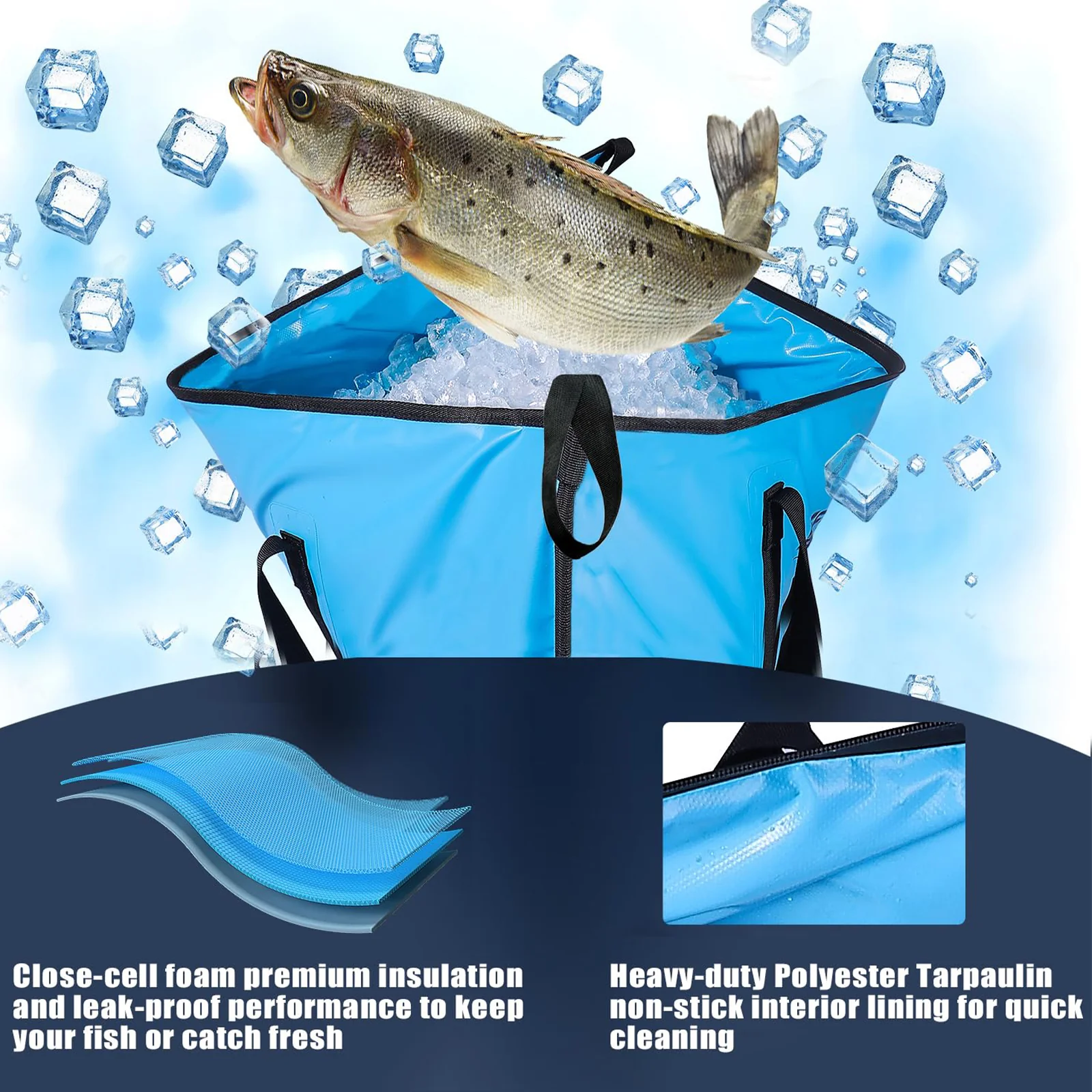 Blue insulated fish storage bag with ice and fresh fish