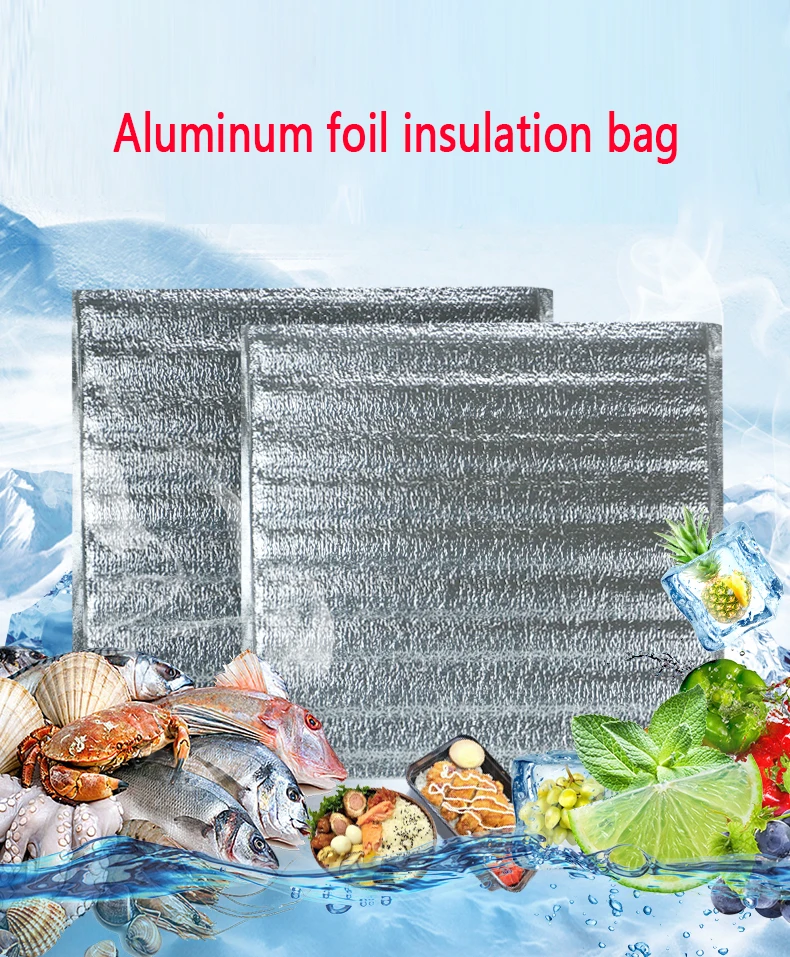 Aluminum foil insulation bags surrounded by seafood and frozen produce