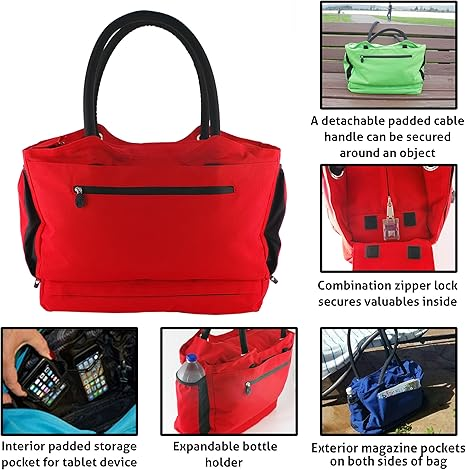 Red multifunctional travel tote bag with secure compartments and bottle holder