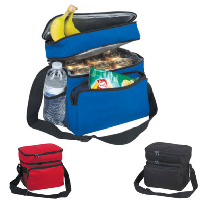 Blue insulated lunch bag with food and beverage storage