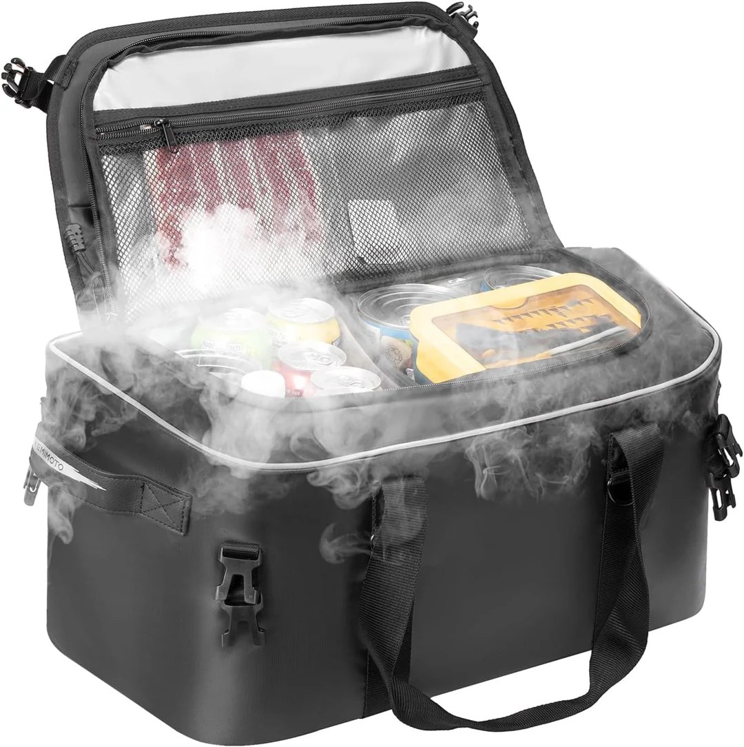 Black aluminum foil cooler bag with visible steam keeping contents fresh