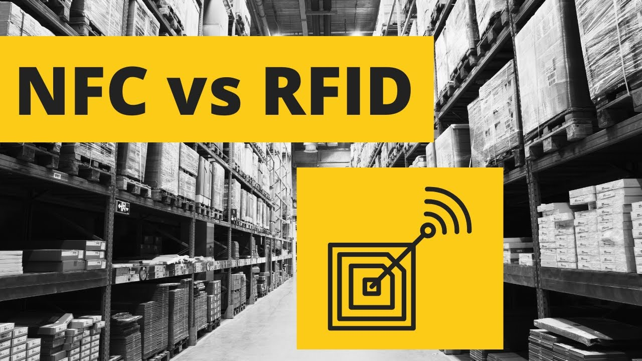 Warehouse with NFC vs RFID comparison banner in bold yellow and black