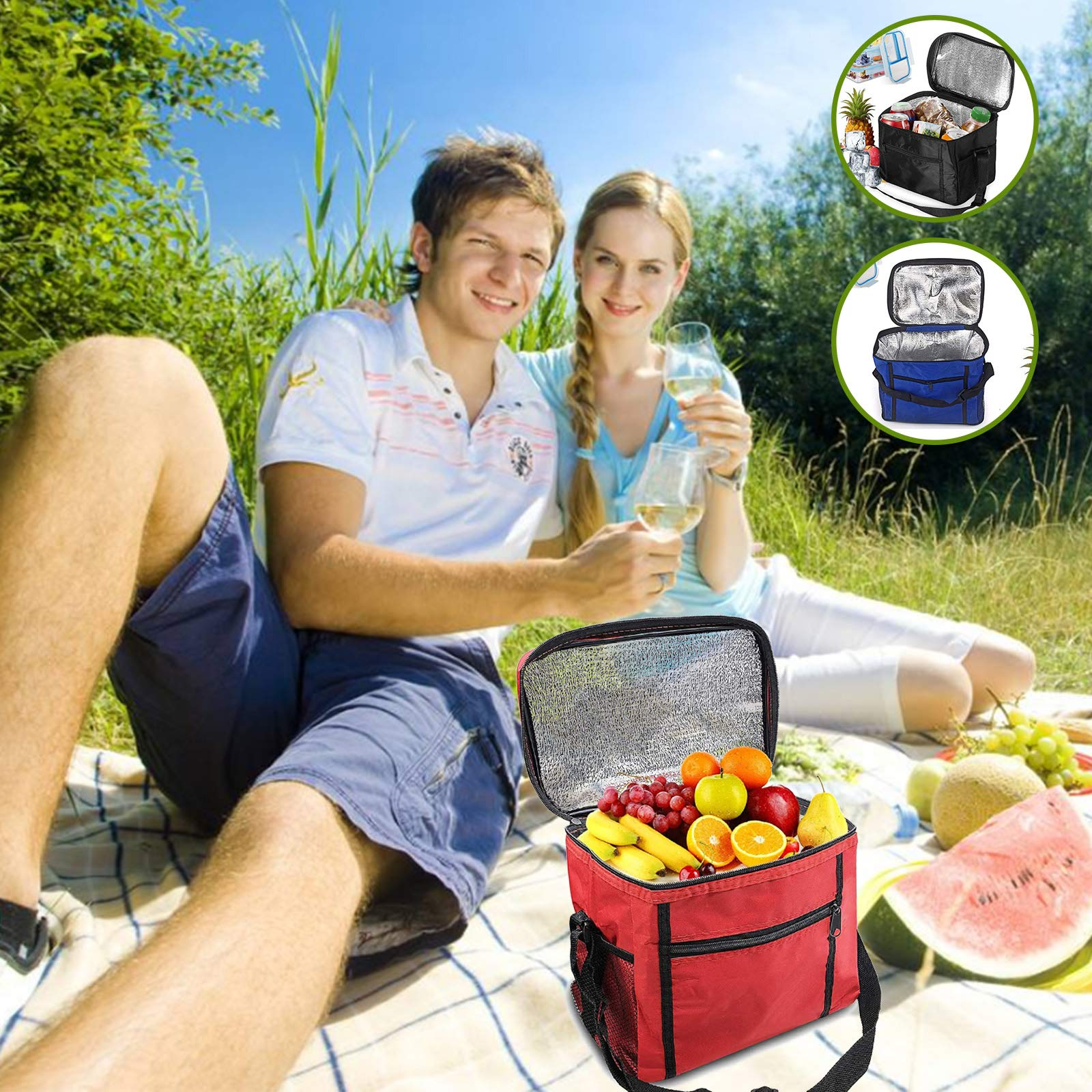 Couple enjoying picnic with red insulated cooler bag