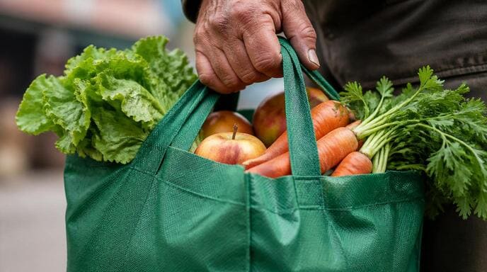 Close-up of a non-woven fabric reusable shopping bag alt with keywords