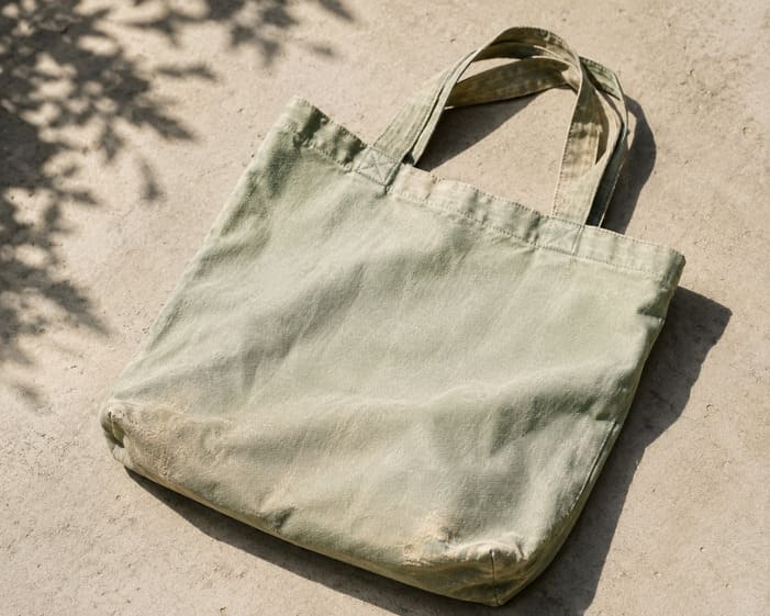 A faded, slightly worn reusable bag left in the sun alt with keywords