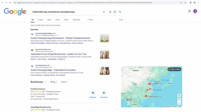 Searching independent bag manufacturers on Google