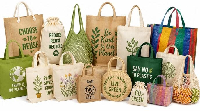A pile of various reusable shopping bags alt with keywords