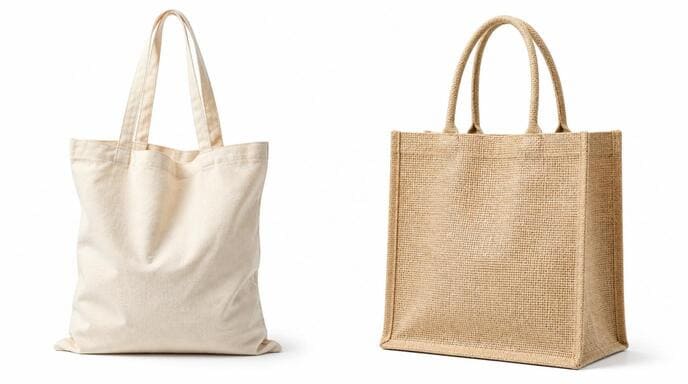 A cotton tote bag and a jute shopping bag side-by-side, showcasing natural fiber options A cotton tote bag and a jute shopping bag side-by-side, showcasing natural fiber options