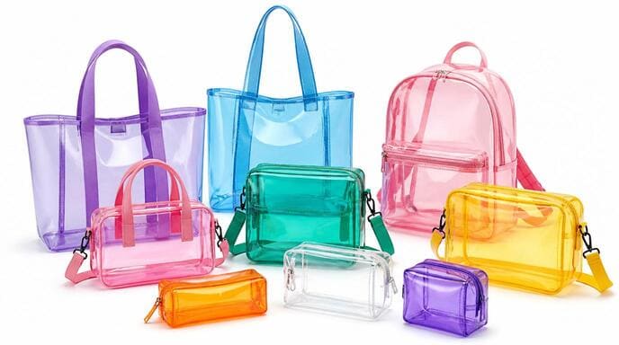 Various types of PVC bags showcasing different colors and transparency levels A selection of colorful and transparent PVC bags