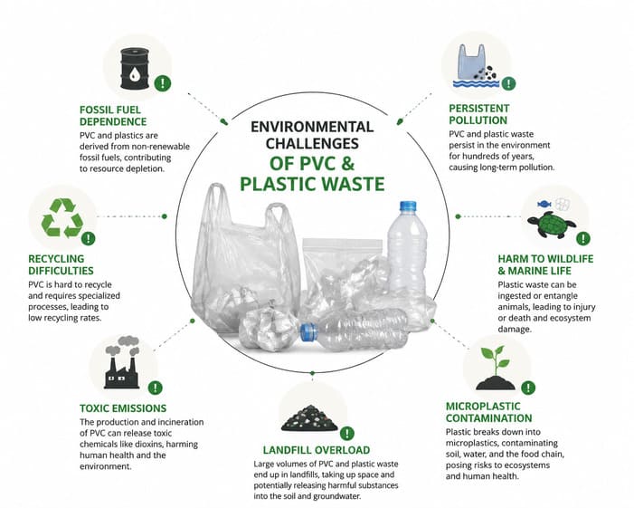 Graphic representing environmental challenges associated with PVC and plastic waste Image illustrating environmental concerns related to plastic bags