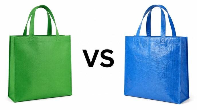 Non Woven Bag vs PP Woven Bag Comparison A clear image showing both a non woven bag and a PP woven bag side-by-side.