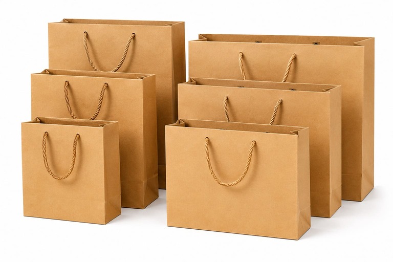 Brown paper shopping bags with handles, ready for retail use Brown paper shopping bags with handles, ready for retail use
