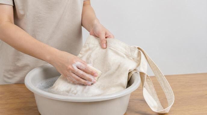 Person cleaning a reusable shopping bag by hand