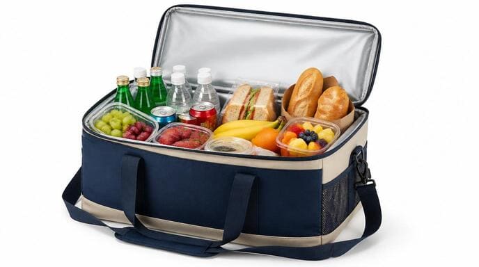 Ready for Adventure with a Cooler Bag A large cooler bag filled with drinks and food, ready for a picnic